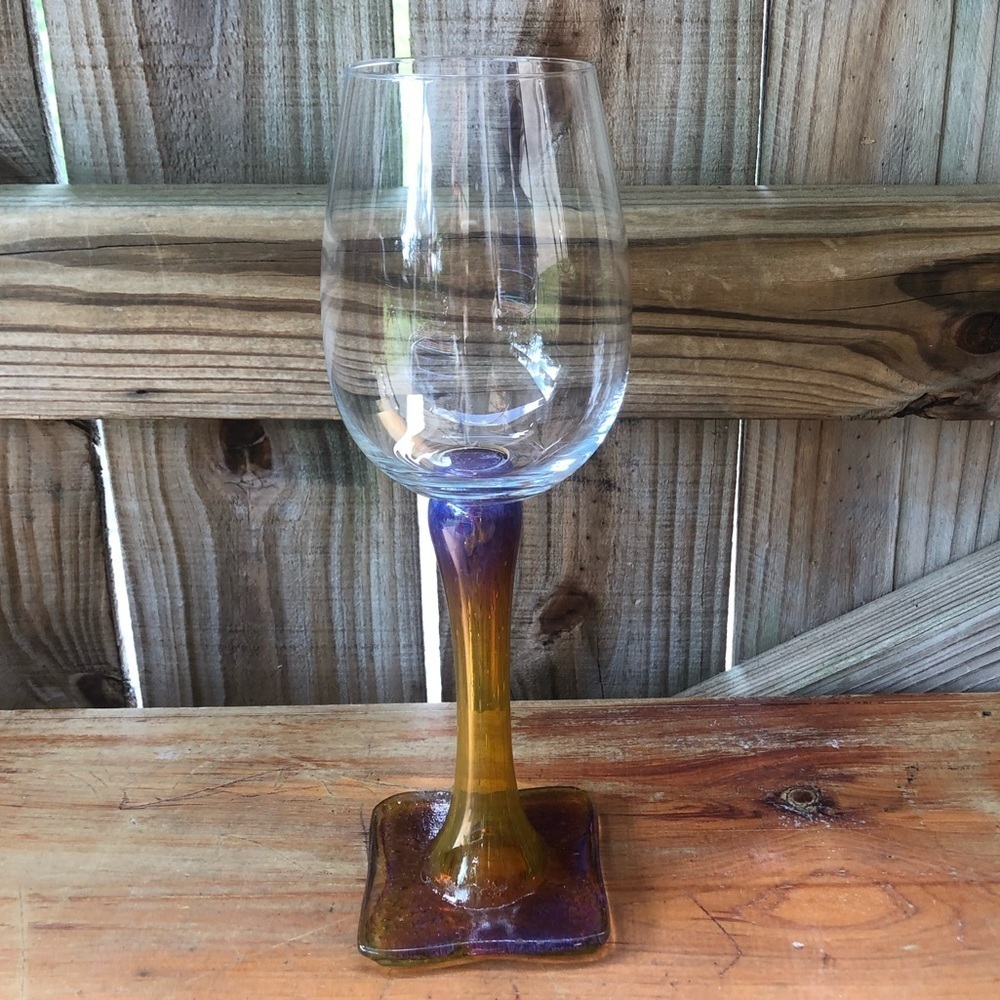 Hand Blown Studio Art Glass Wine Glass Tall Amber Seeded Stem Square Foot Signed